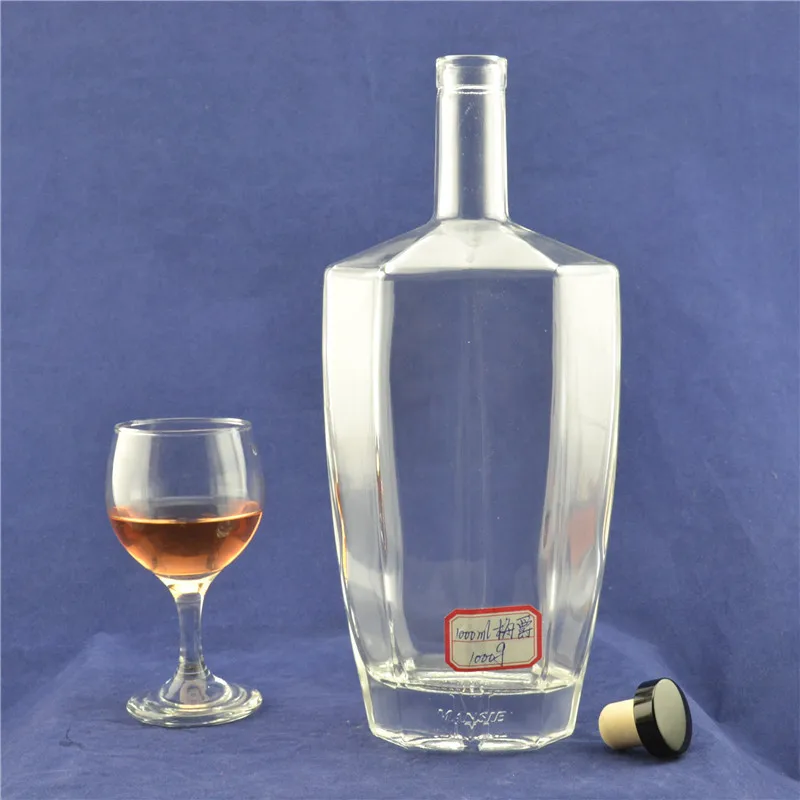 empty 1 liter wine liquor wholesale alcohol transparent glass bottle with cork stoppers