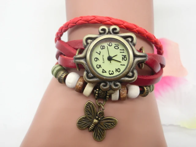 Wholesale Handmade Wrap Leather Braided Bead Wood Rope Bracelet Men Women Bracelet Butterfly Charm Watch