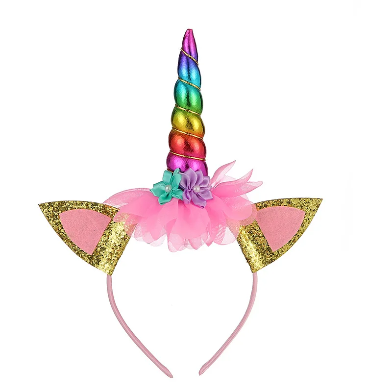 
Handmade Kids Party Rainbow Unicorn Horn Headband For Diy Party Supplies Gold Glittery Headwear Flower Hairband Hair Accessories 