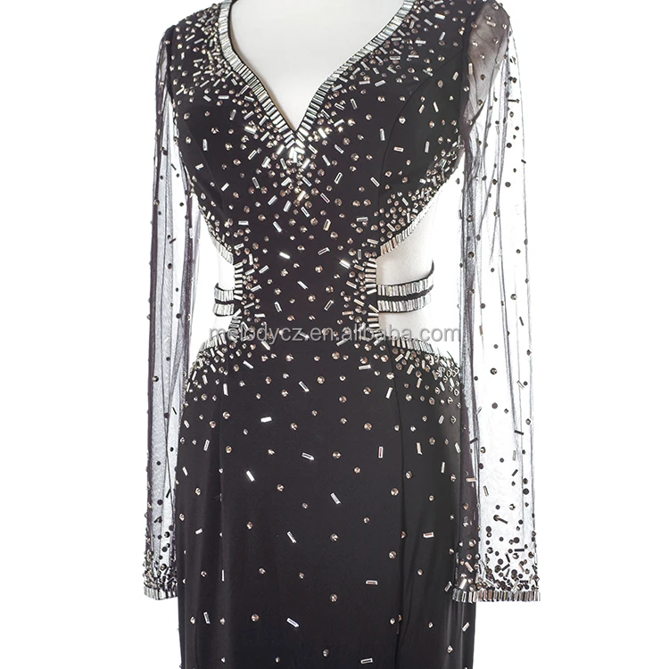 Elegant sexy black long tulle apparel fashion beaded dubai evening dress for ladies