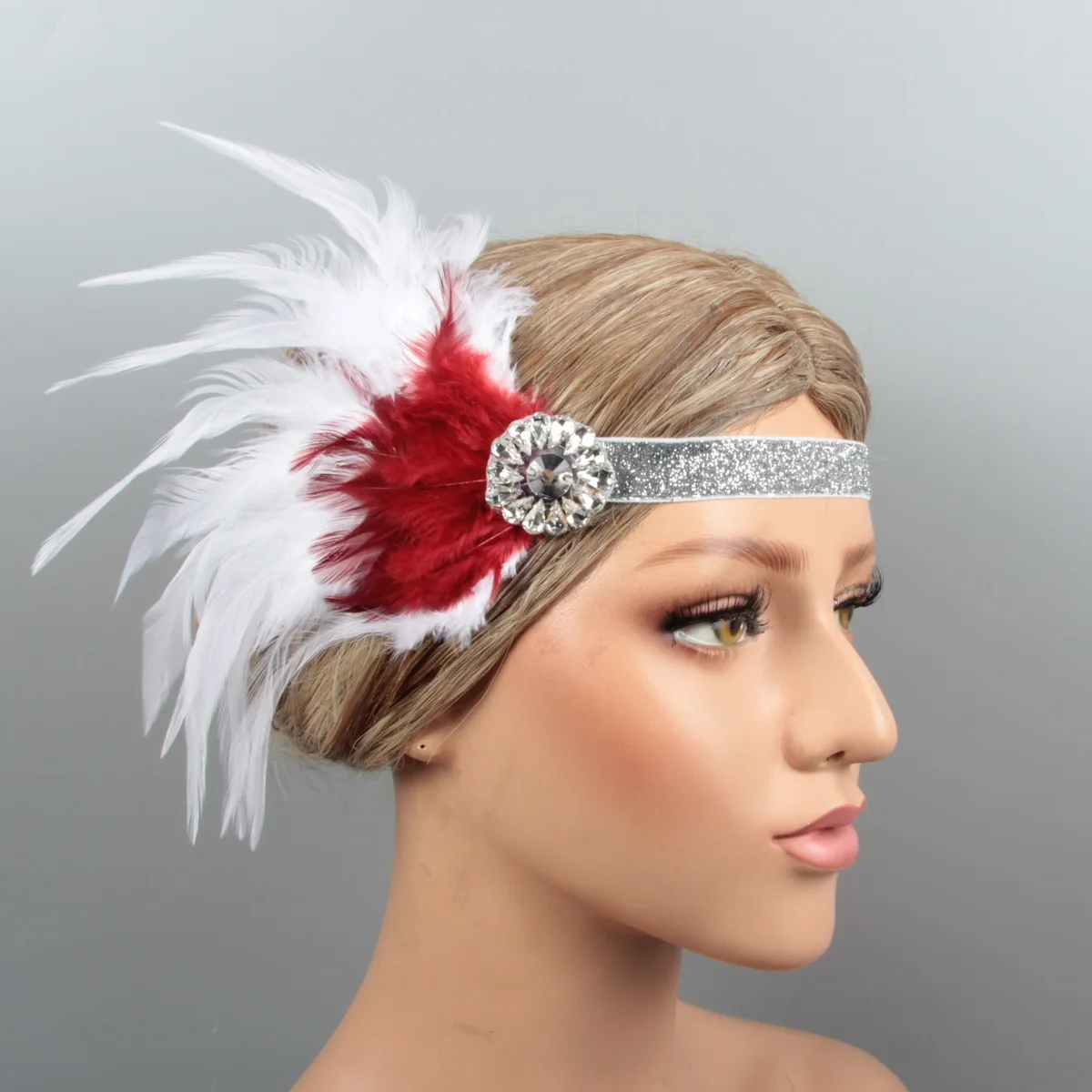 White crystal rhinestones feather headpiece 1920s great gatsby bridal headdress in China
