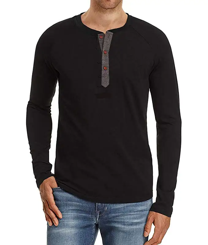 
Mens Casual Loose Fit Long Sleeve Henley T-Shirts Cotton Shirts 