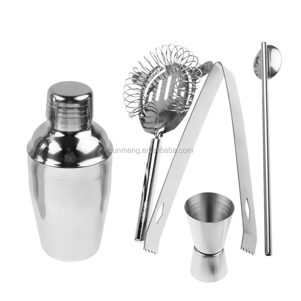 SANMENG 2017 hot sales 5pcs stainless steel measuring cocktail steel shaker set