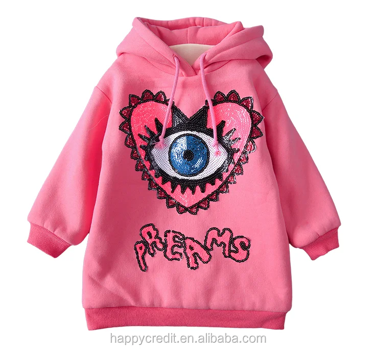 
Long Sleeve Sequin Eye 100% Cotton Soft Fleece Pullover Kids Custom Hoodies in Pink  (60716994191)