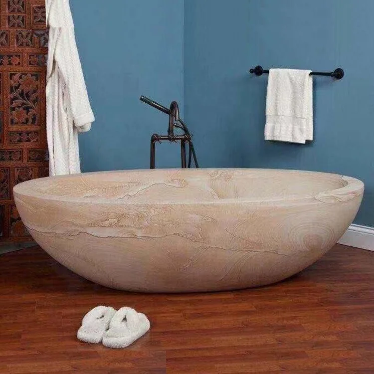 Freestanding High Polished Large Size Natural Sandstone Yellow Marble Stone Oval Bathtub Marble Stone Tub For Hotel Bathroom