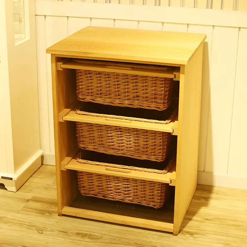 Cheap Manual Wicker Basket Drawers With Handle Wooden Cabinet For Home Storage