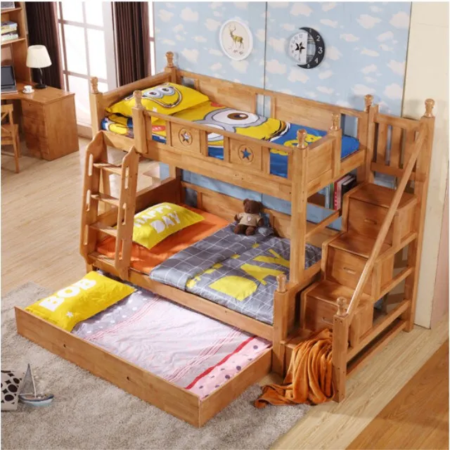 Rustic Style Kids Solid Wood Bunk Beds with Bookshelf High Quality Children Furniture Sets
