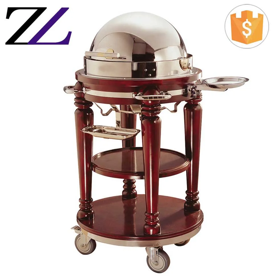 Solid wooden stainless steel hotel shafing dish rare vintage electric roast beef sliver plated food warmer chafing dish trolley