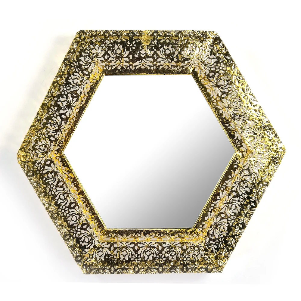 20 inch 50cm hexagon gold wall mounted metal frame mirror decorative flower pattern for  living room