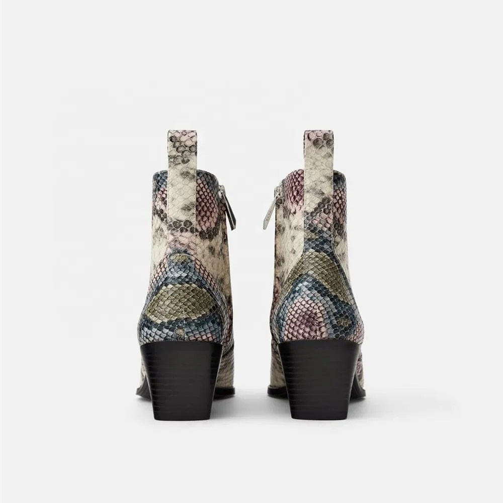 
MANRINO-0277 Girls 2019 Snake Skin Print Mixed Multi Color Cow Leather Material Women Low Heel Pointy Toe Ankle Boots For Lady 