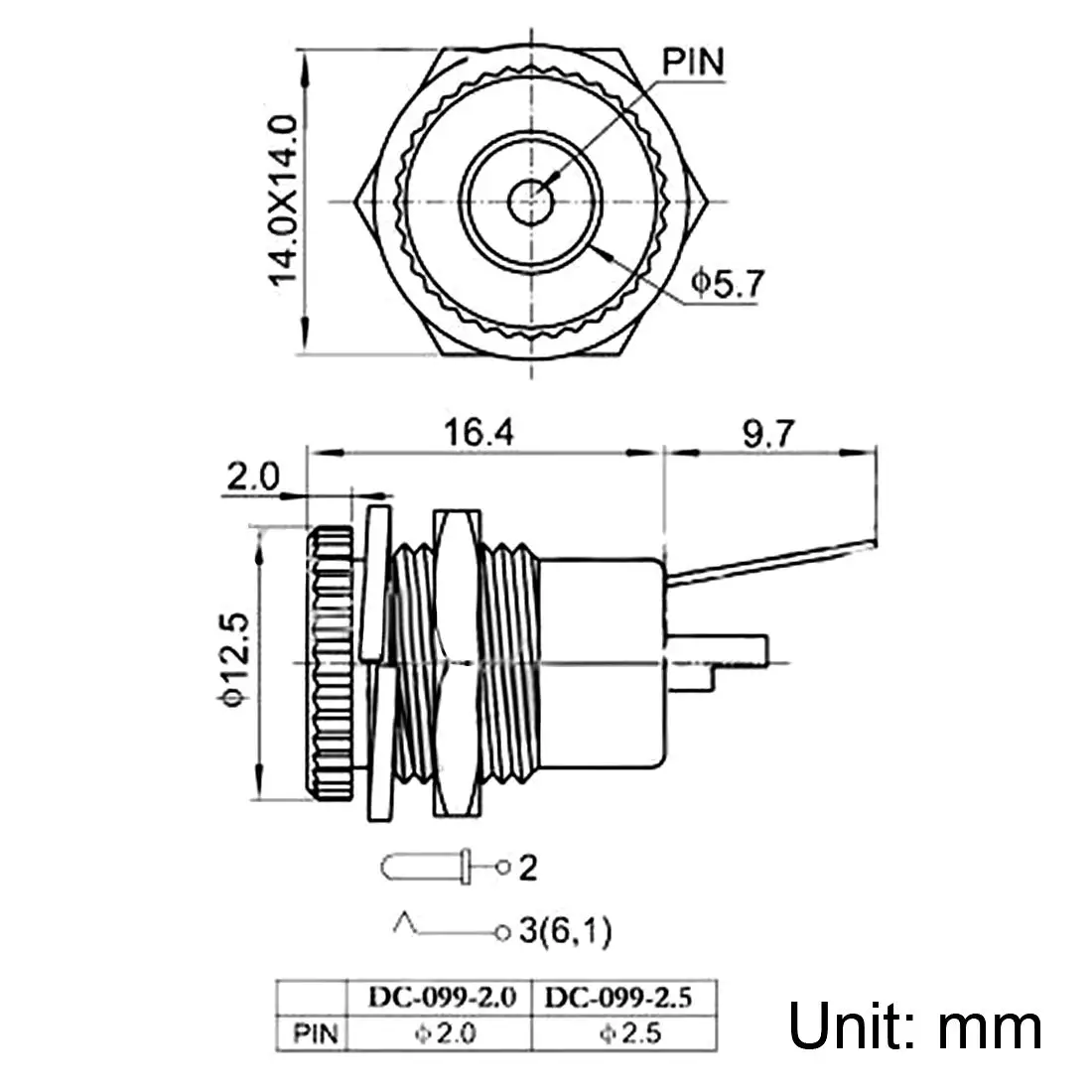 5,5 мм x 2,1 мм металлический разъем питания постоянного тока, гнездовой панельный разъем
