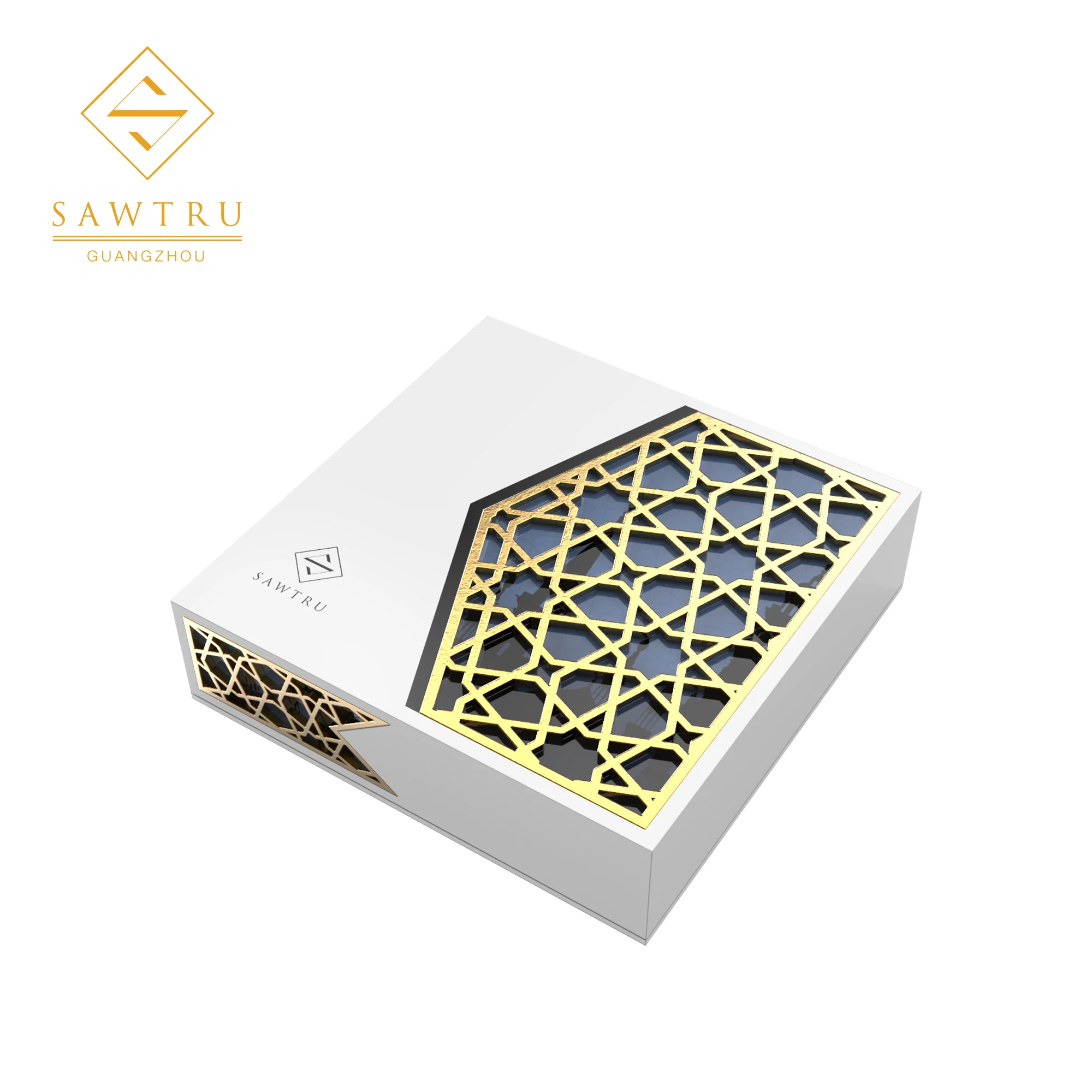 Environment-Friendly luxury wooden gold foil tea box with art paper and PU lining small partitions compartments divisions