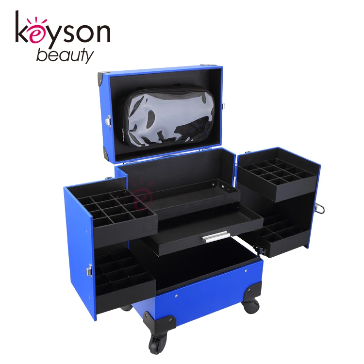 Keyson Blue Aluminum Open Both Frontal Sdies Rolling Beauty Box with a Clear PVC Bag