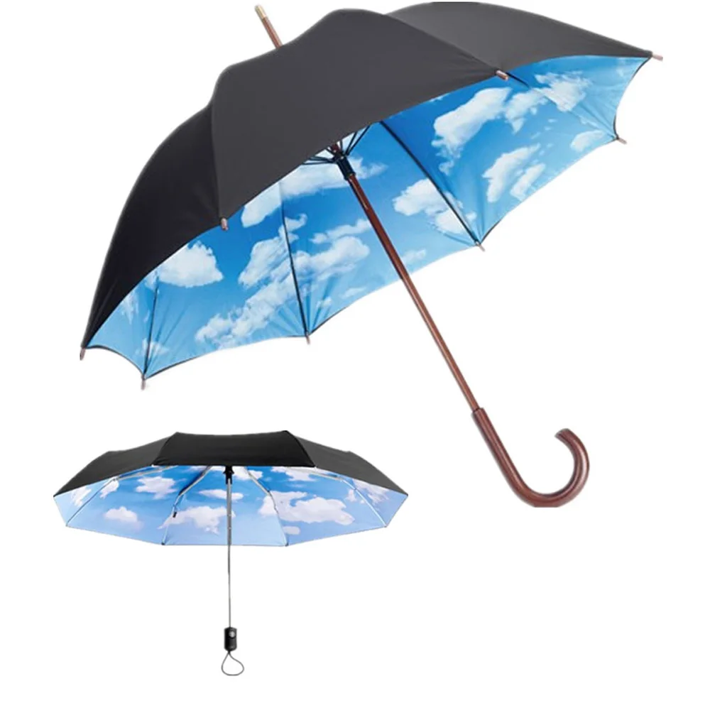 Auto Open Double Canopy Blue Sky White Clouds Print Wooden Handle Umbrella