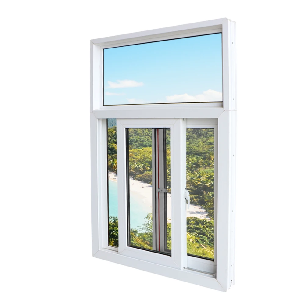 Cheap house windows blue tinted glass pvc sliding window with mosquito net