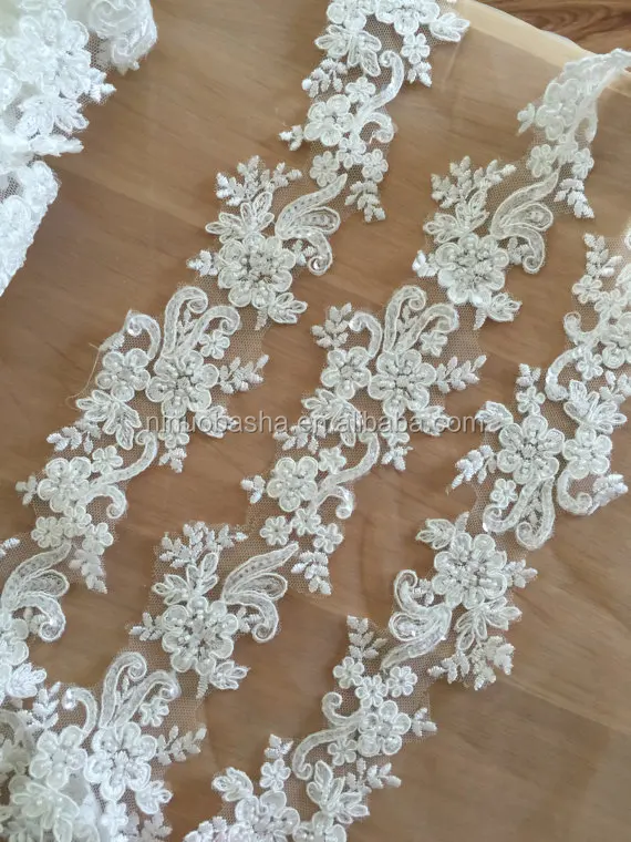 
NW1136 Exquisite Beaded Alencon Lace Trim , Bridal Veil Lace, Scallop Wedding Gown Lace Trim , Bridal Dress Straps 
