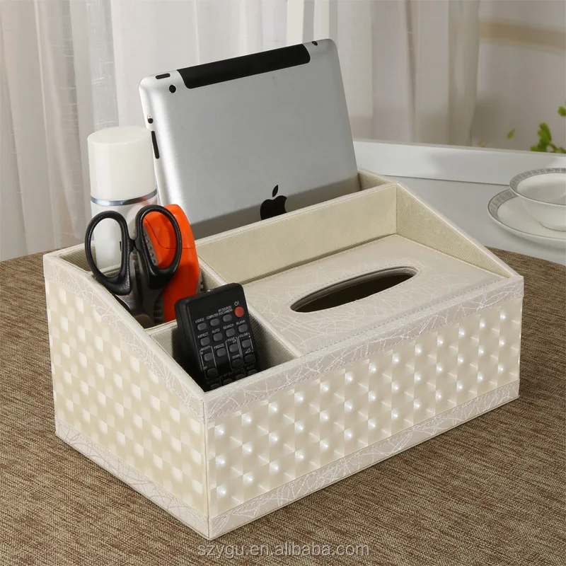 China Factory Pu Leather Tissue Box With Multifunction Remote Pen Holder