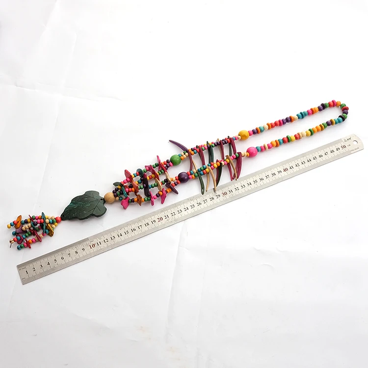 Wholesale Multi Color Coconut Shell Bohemian Necklace for Women Knit Handmade Wood Beads Ethnic Long Tree Leaf Pendant Necklace