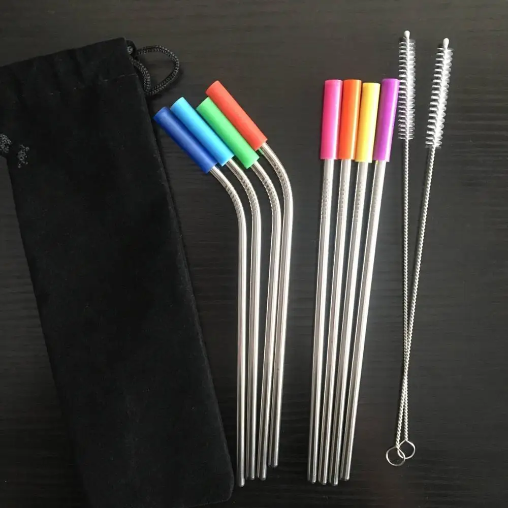 
Wholesale Custom Logo Reusable Stainless Steel 304 Drinking Straws Metal Straw with Silicone Tips & Cleaning Brush 