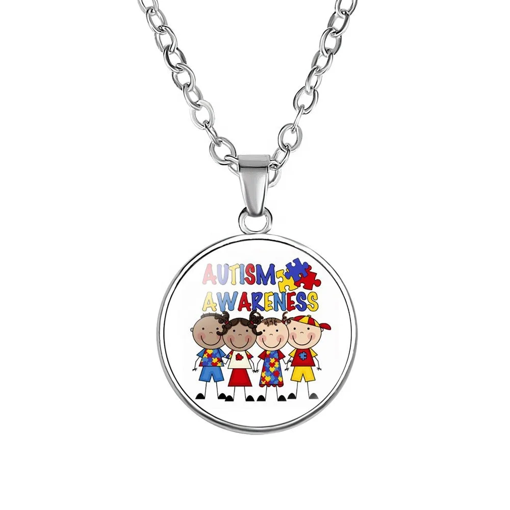 Alloy round shape Autism Red Ribbon Puzzle Pattern Pendant Necklace for autism children birthday gift