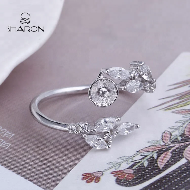 Wholesale  Leaves Jewelry Sterling Silver Adjustable Girl Real Freshwater Pear Crystal  Ring