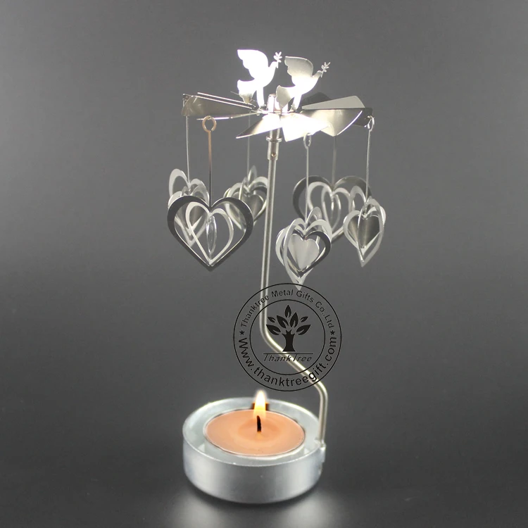 Silver plated metal etching rotating spinning tea light candle holder SCH-029