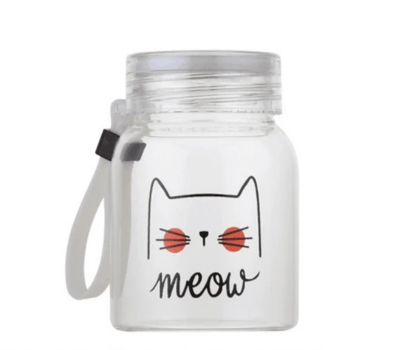 
Cartoon Cute Cat Glass Water Bottle with Cloth Protection Cover Cat Lookproof for Outdoors for Kids Glass Bottle With Handgrip 