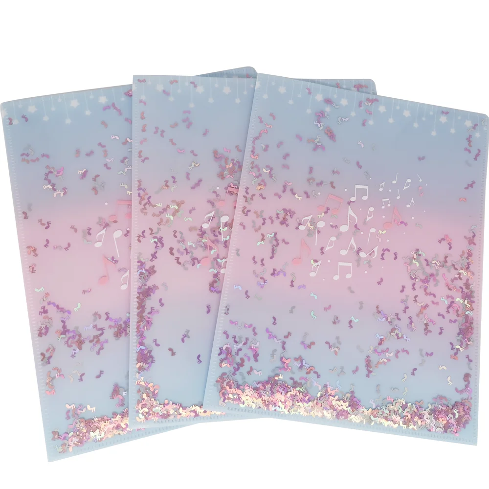Sequin File PP Plastic 2 Pocket File Folder with Music Note Sequin Cover for Office School Stationery