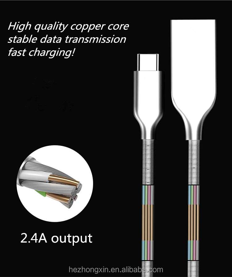 Hot sale Zinc Alloy metal Spring Data Line metal usb type c cable USB C CHARGER CABLE