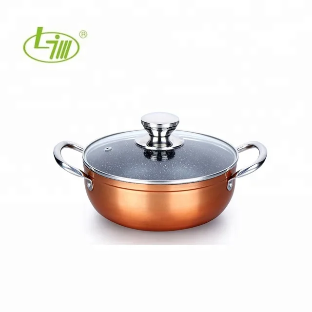 Factory directly supplied high quality Copper coated aluminum non-stick casserole pot with ear handles and tempered glass lid