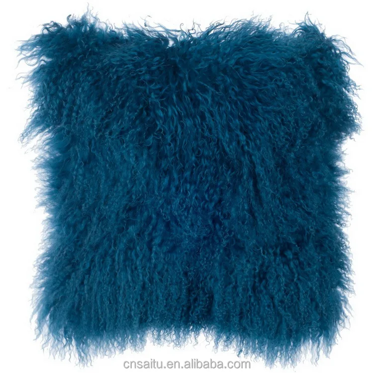 Mongolian Lamb Pillow 16x16 Tibetan Lama Fur Cushion Ivory heavy natural linen back side