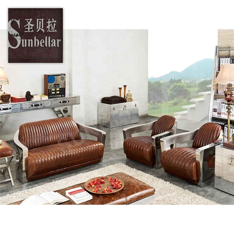 aviation furniture UK hotel sofa set designs with price vintage distressed leather sofa stainless steel arm leather club sofa