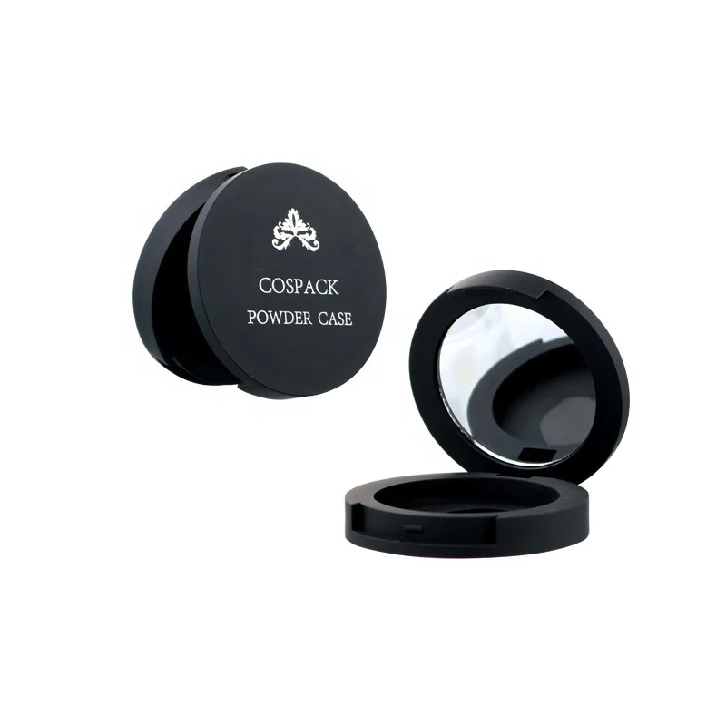 wholesale matte black empty round cosmetic pressed powder container soft touch custom compact powder blush packaging with mirror