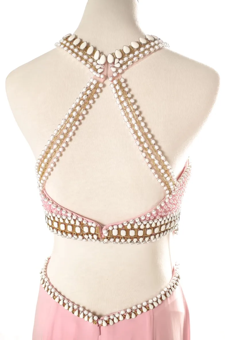 Modern Dubai luxury long ball gown beaded pink halter evening dresses