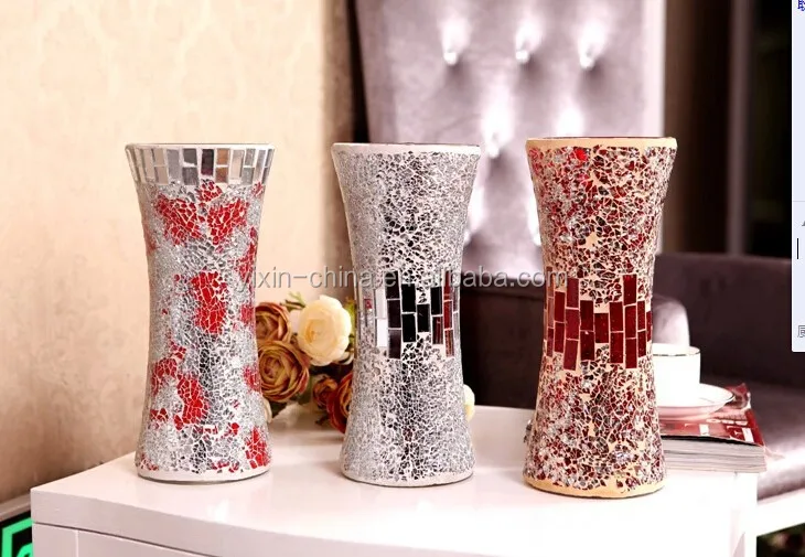 Handmade Waist Shape Crackle Silver Mosaic Vase Receptacle /Large Floor Vases Antique Glass Mosaic Vases