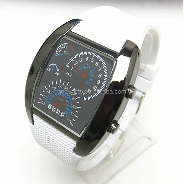 2016 fashion mirror led watch flash blue white light pu sport led watch