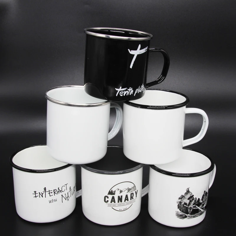 Custom logo printing steel enamel mug sublimation white enamel camping mug wholesale enamel metal coffee mug