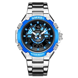 trend design smael 1383 dual time display quartz steel band watch for men