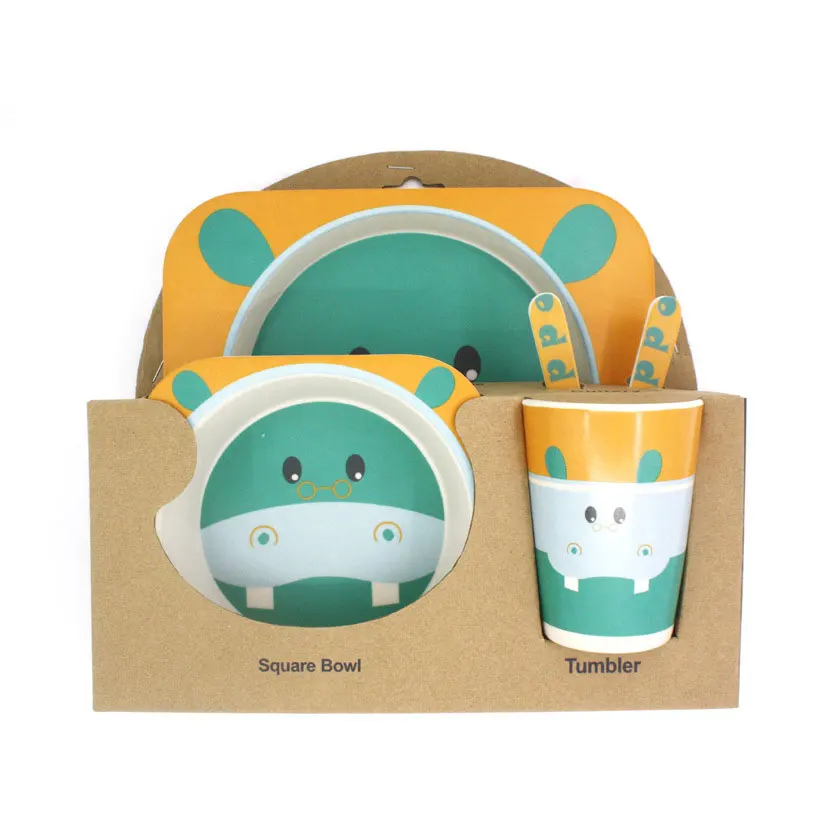 Hippo Kids Divided Plate Set Bamboo Reusable Dinner Divider Tray Spoon Fork