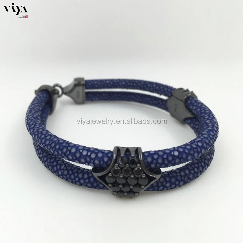2016 Classic Black Leather Stingray Cord Bracelet Men Cuff Bangle Wristband