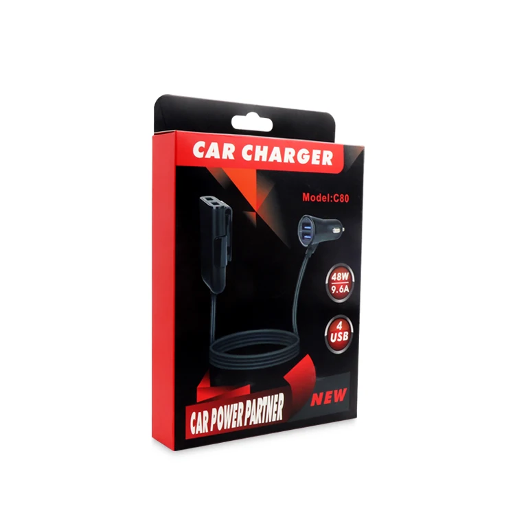 
mobile phone use 4 port 9.6A front and back seat car charger with 1.8 meter dual hub cable for Android/IOS smartphone 