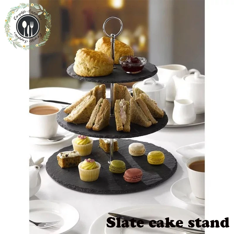 Wholesale 3 tier party round slate serving tray cake stand
