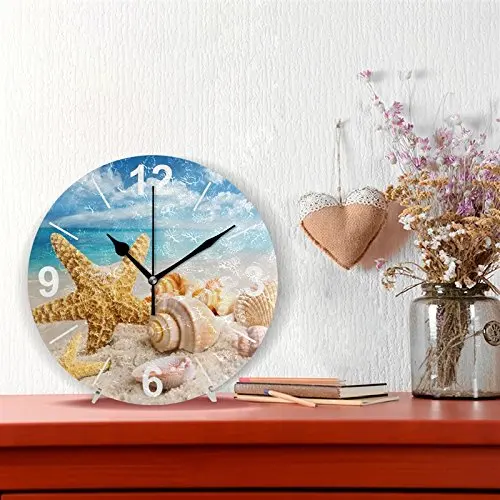 Tropical Shell Ocean Beach Round Acrylic Wall Clock, Silent Coreless Oil Painting Home Office School Decoration Clock Art