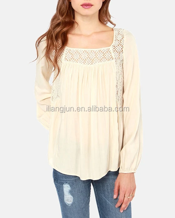 Square neck embroidered lace long puff sleeve flowing top