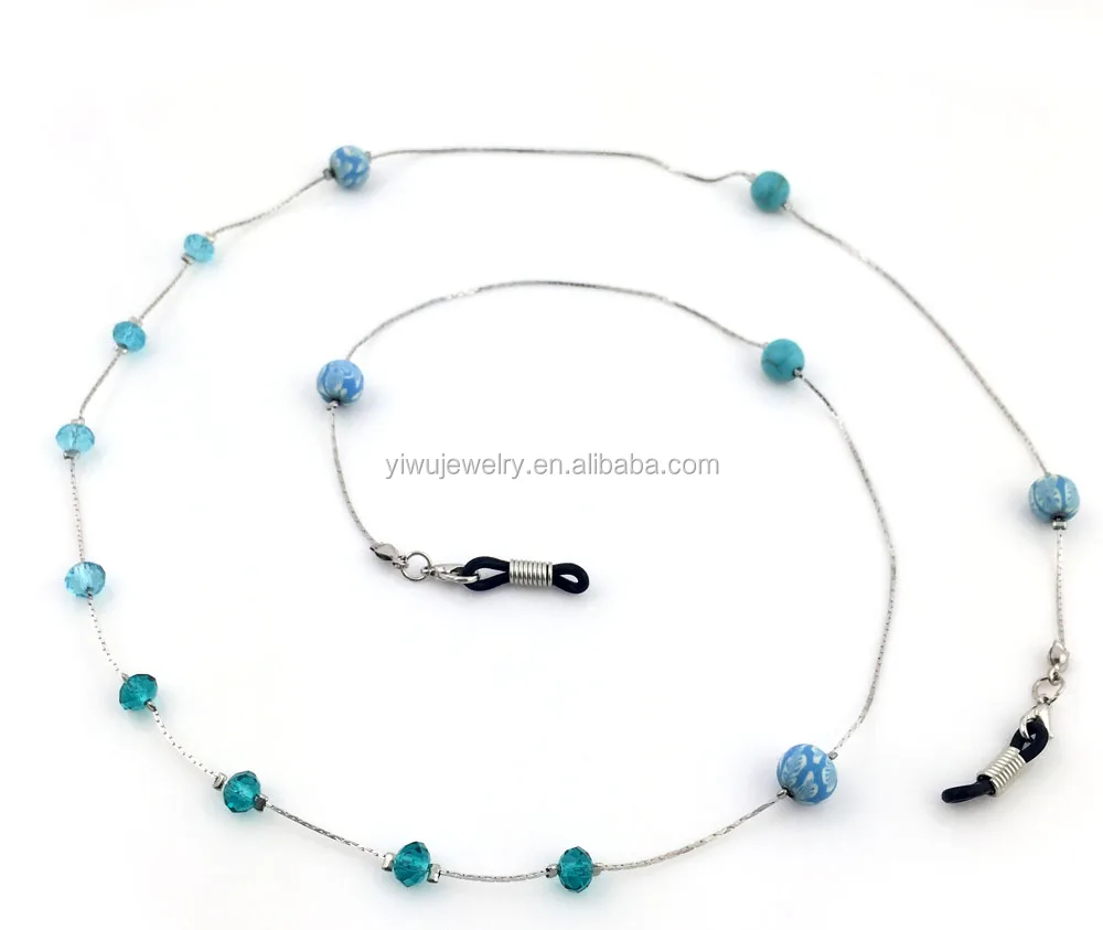 GL223 Cool Blue Crystal Flower Beads Glassed Chains Strap Kids Eyeglasses Accessories