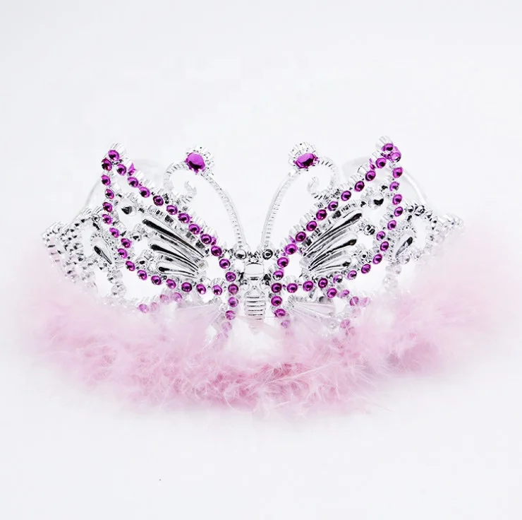 Princess Plastic Kids Tiara  party Hair Crown Children with marabou Feather Hair band