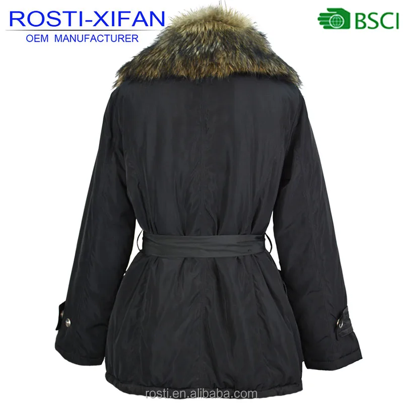 Women Winter Parka Black Tight Jacket with Imitation Fur Trim