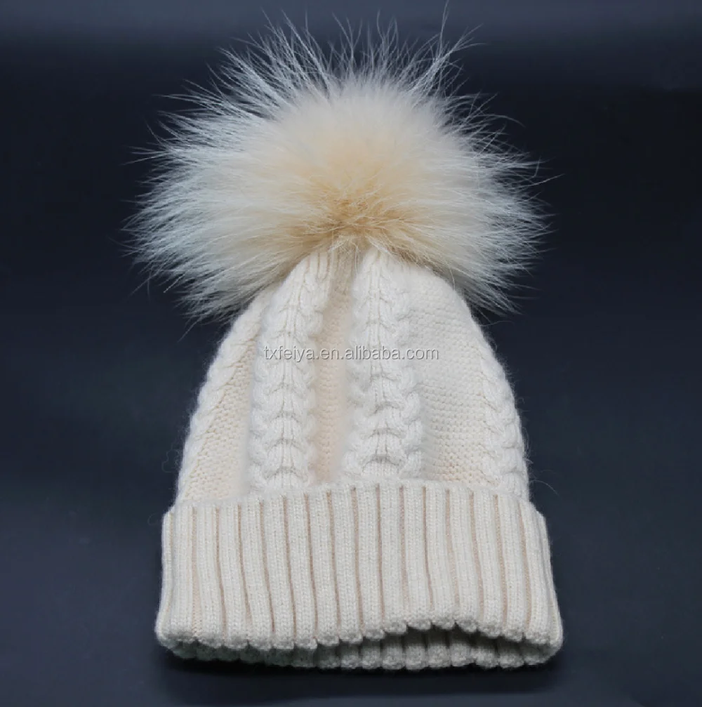 Classic style wholesale unisex wool knit beanie hat with raccoon fur pom poms