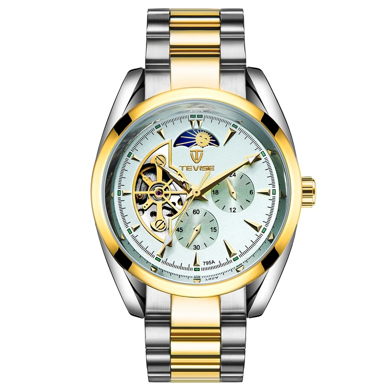 TEVISE Moon Phase Gold Men Skeleton Watch Automatic Mechanical Mens Watches Waterproof Self-winding Clock Stainless Steel Reloj