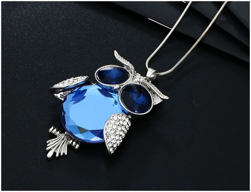 Antique Owl Glass Necklace Crystal Pendant Necklace Long Chain Sweater Necklace Women Jewelry